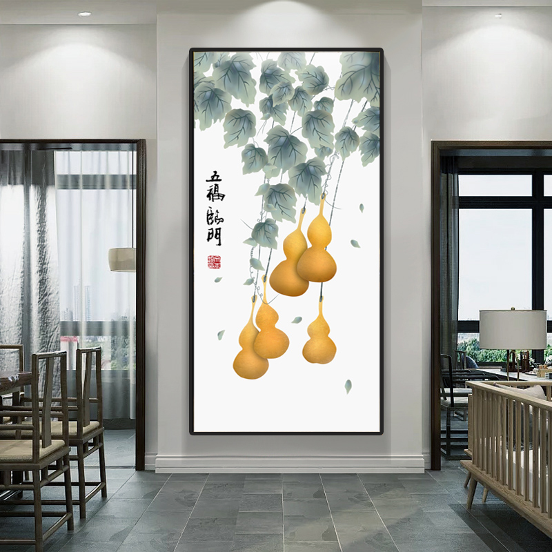 新中式玄关装饰画入户客厅挂画单幅进门酒店走廊过道墙壁竖版壁画图片