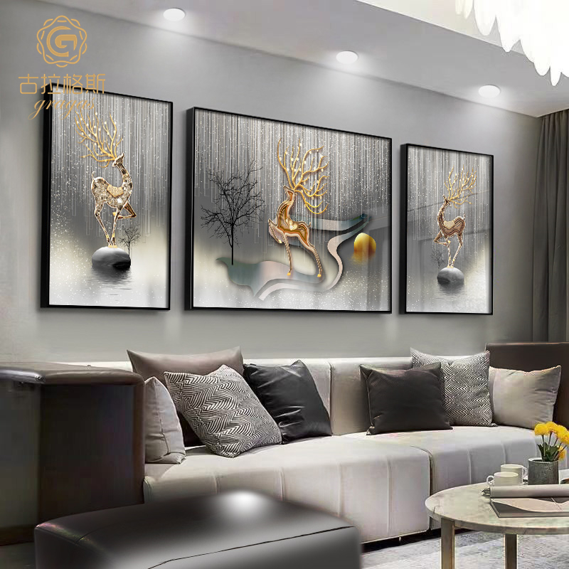 客厅装饰画现代简约沙发背景墙福鹿三联挂画轻奢大气创意餐厅壁画图片