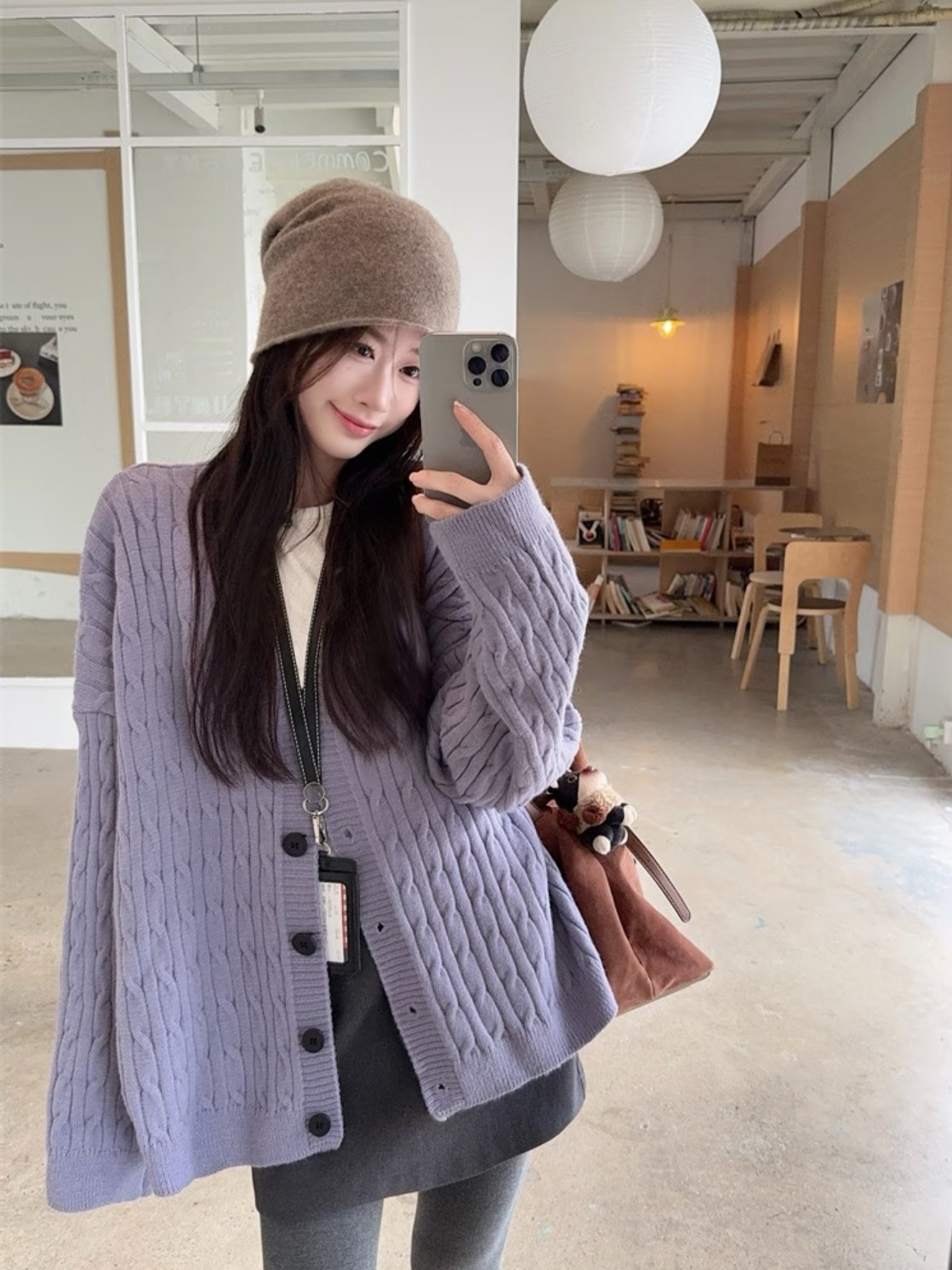韩系慵懒风紫色v领麻花大毛衣外套女秋冬季宽松加厚针织开衫上衣