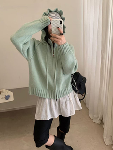 秋冬木耳边花苞连帽抽绳双拉链针织开衫女宽松休闲毛衣外套上衣厚