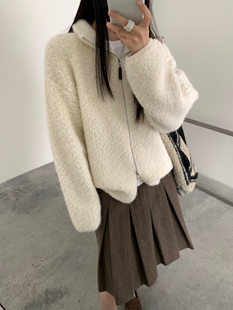 韩系圈圈羊羔毛立领拉链开衫毛衣外套女秋冬宽松加厚保暖针织上衣
