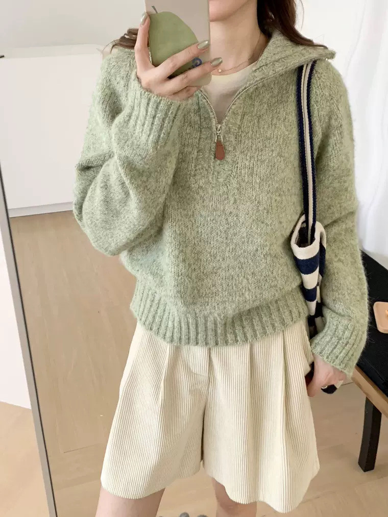 复古杂色花线半拉链翻领针织衫女秋冬季新款宽松高领套头毛衣上衣