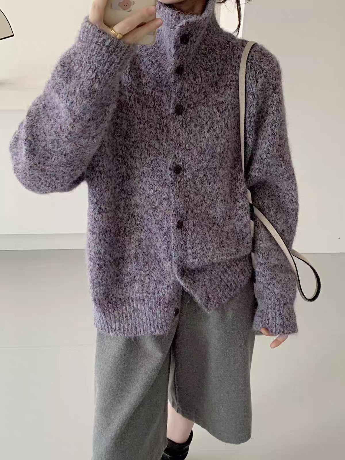 慵懒复古杂色花线高领针织开衫女秋季宽松软糯翻领毛衣外套上衣厚
