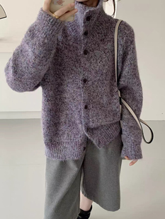 慵懒复古杂色花线高领针织开衫女秋季宽松软糯翻领毛衣外套上衣厚