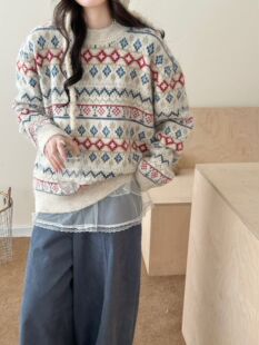 古着感费尔岛毛衣圆领复古提花针织衫女秋冬新款宽松百搭上衣加厚