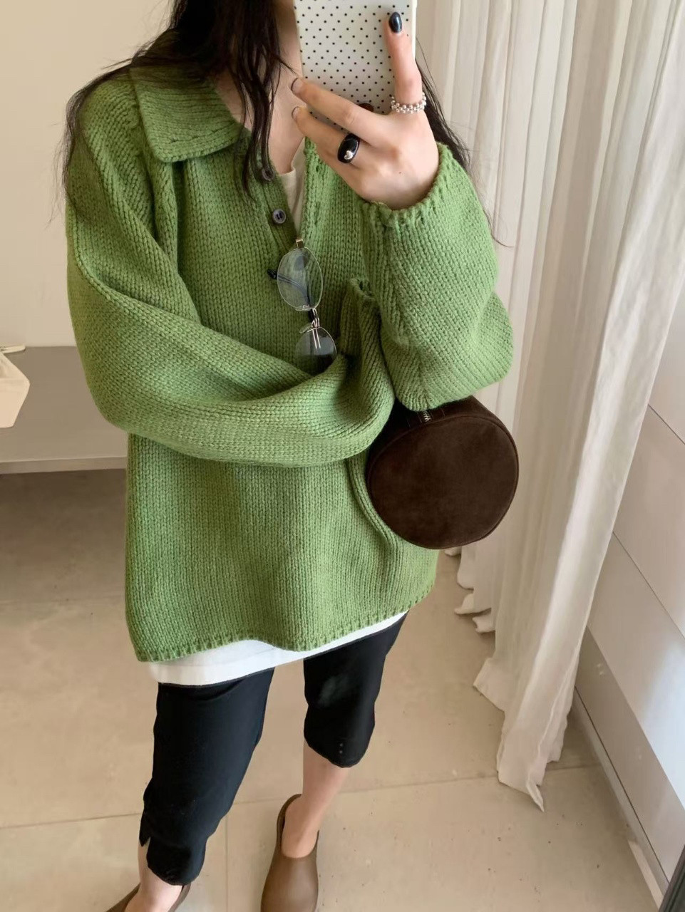韩系棉感翻领半纽扣大版套头毛衣女秋冬新款宽松休闲针织衫上衣厚