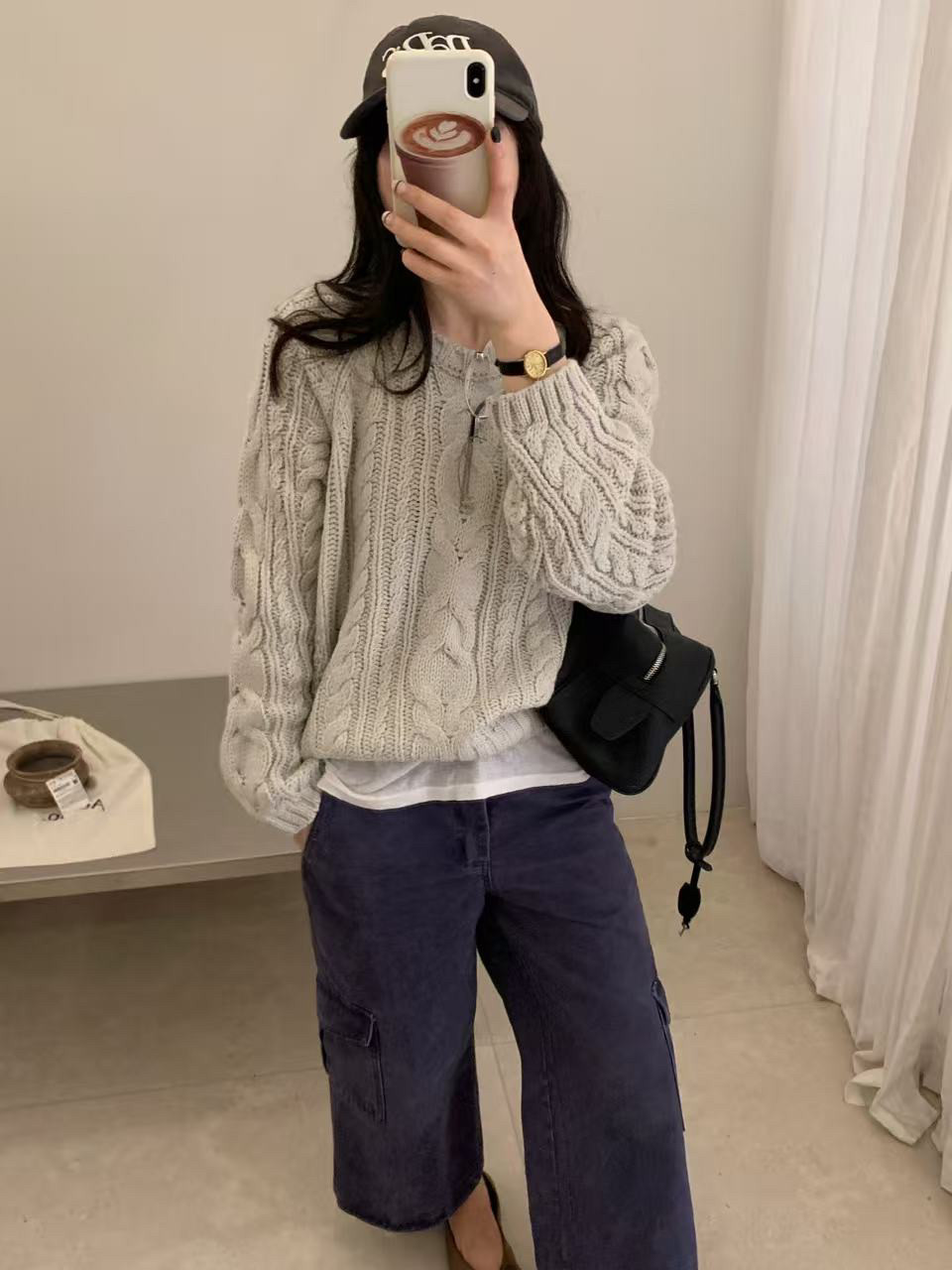 东大门粗棒针麻花圆领套头毛衣女秋冬新款宽松慵懒软糯针织衫上衣