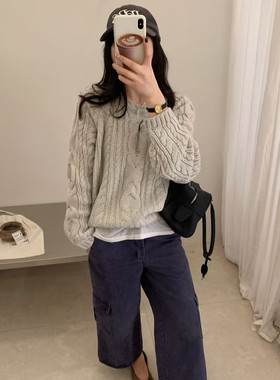 东大门粗棒针麻花圆领套头毛衣女