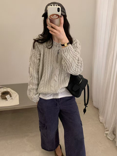 东大门粗棒针麻花圆领套头毛衣女秋冬新款宽松慵懒软糯针织衫上衣