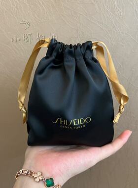 资生堂黑色缎面抽绳袋束口袋便携收纳袋首饰袋零钱包化妆包袋子