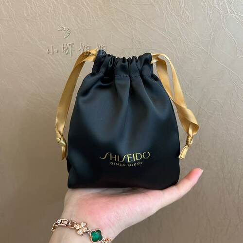 资生堂黑色缎面抽绳袋束口袋便携收纳袋首饰袋零钱包化妆包袋子