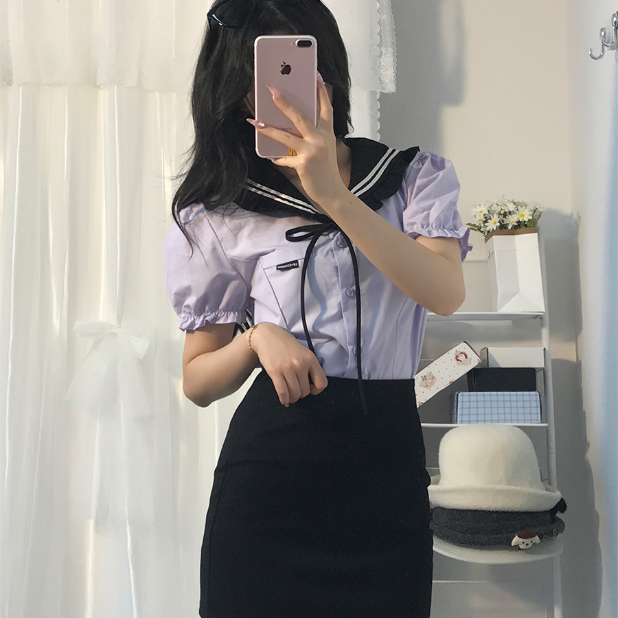 学院短袖衬衫包臀半身短裙夏套装