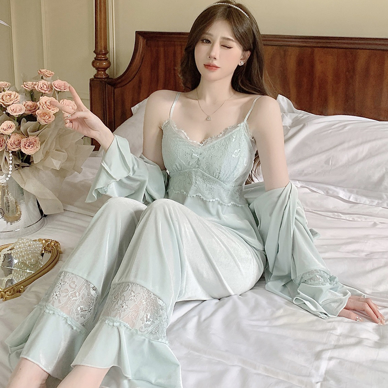 法式性感金丝绒睡衣女秋冬款吊带睡袍长袖三件套春秋季带胸垫睡裙