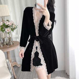 金丝绒睡袍女春秋款高级性感女士睡衣冬季纯欲风浴袍v领吊带睡裙