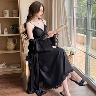 冰丝睡衣女款春秋长裙长袍两件套夏季性感蕾丝带胸垫吊带睡裙睡袍