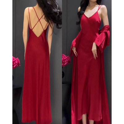 性感交叉露背V领吊带睡衣套装