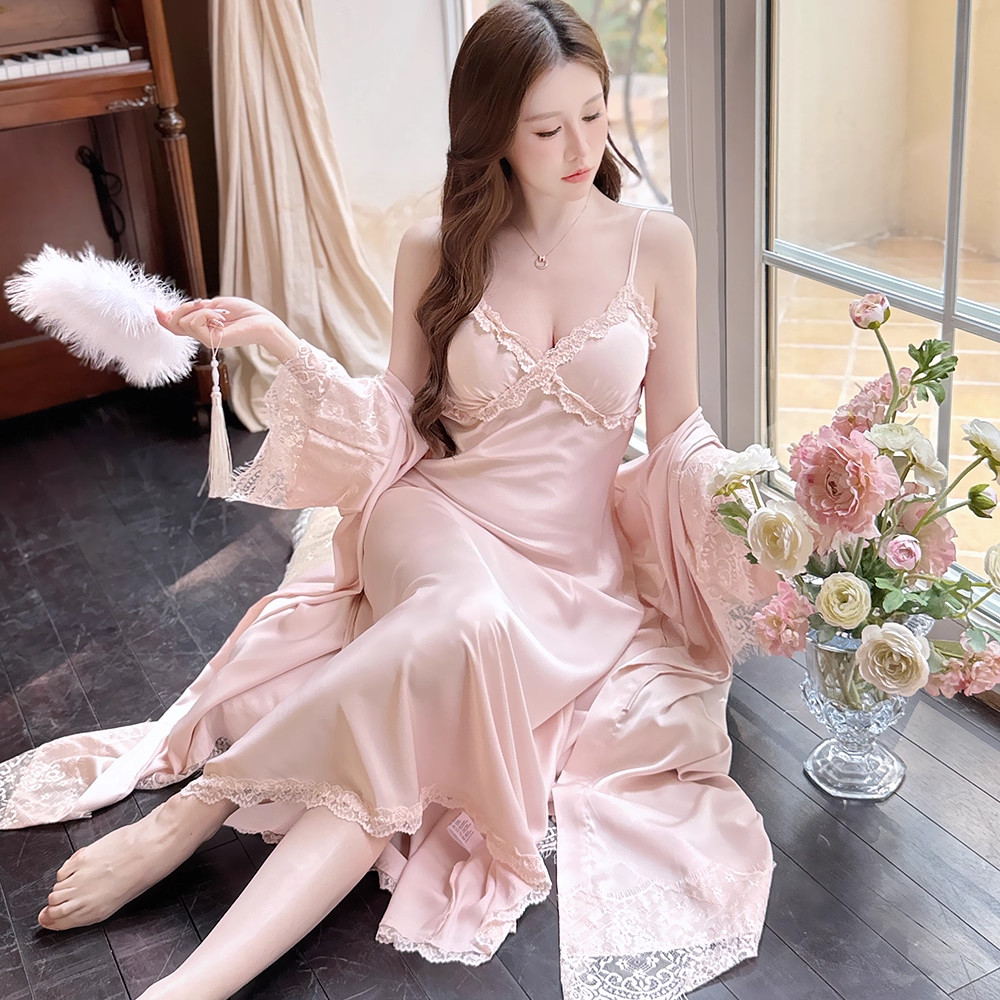 2025年新款冰丝睡衣女睡袍两件套带胸垫睡裙女吊带套装薄款纯欲风