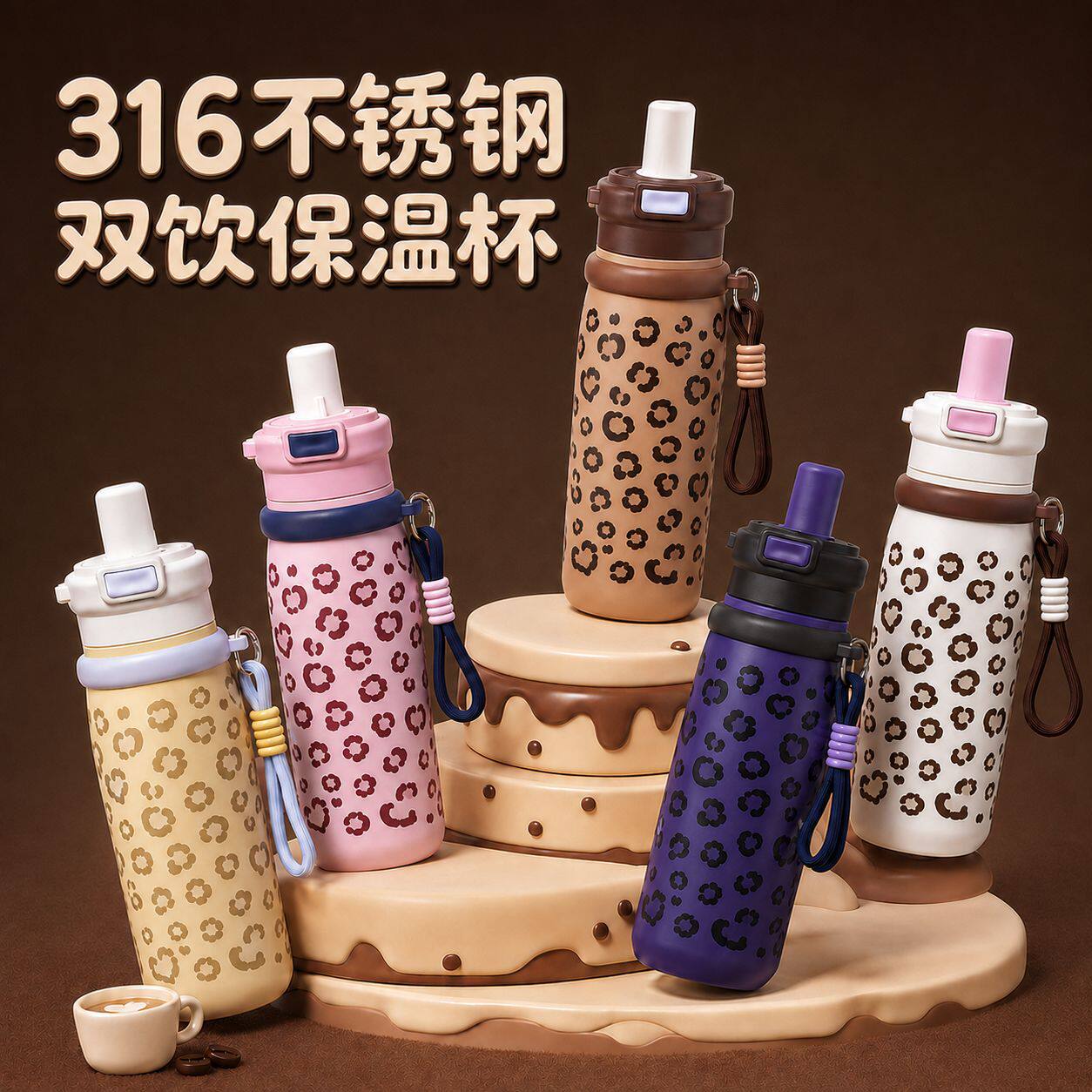 豹纹保温杯316不锈钢便携挂绳弹盖水杯少女高颜值学生随身吸管杯