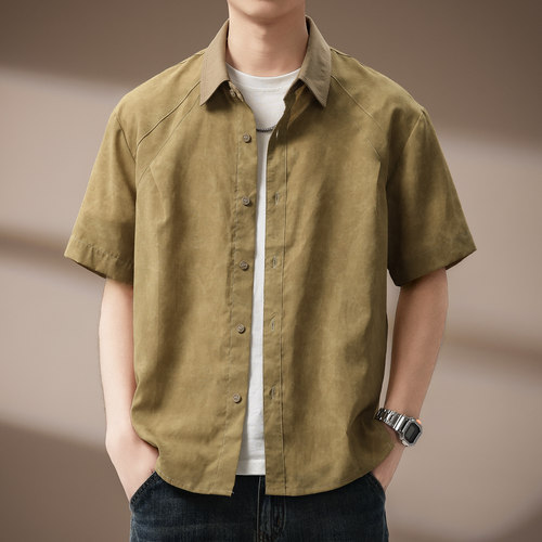 高端莱赛尔亚麻混纺短袖衬衫男夏季薄款亲肤透气美式通勤复古衬衣