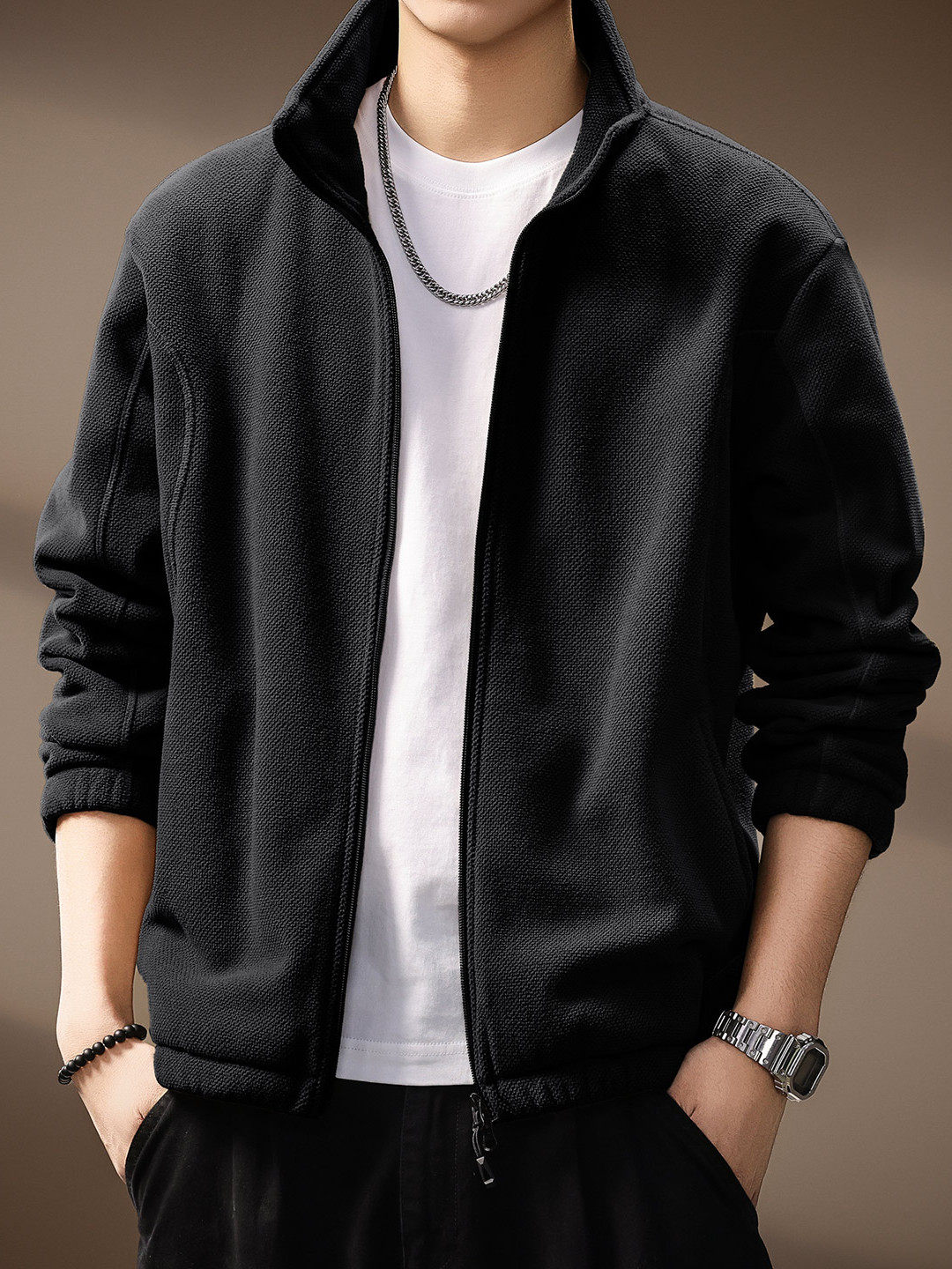 高端340g双面摇粒绒开衫外套男秋冬美式田字纹破骨拼接结构卫衣男