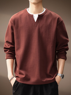 假两件休闲通勤长袖 新款 T恤男 秋季 高端日系覆古肌理感V领卫衣男士