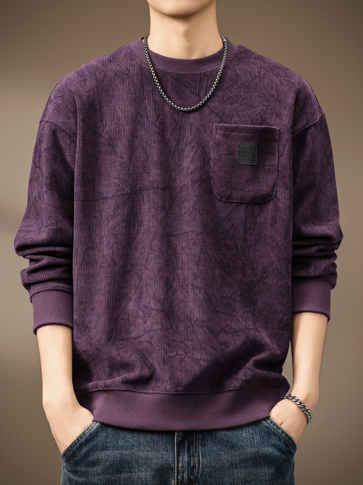 高端重磅德澳绒保暖圆领卫衣男秋季新款印花宽松长袖紫色打底衫男
