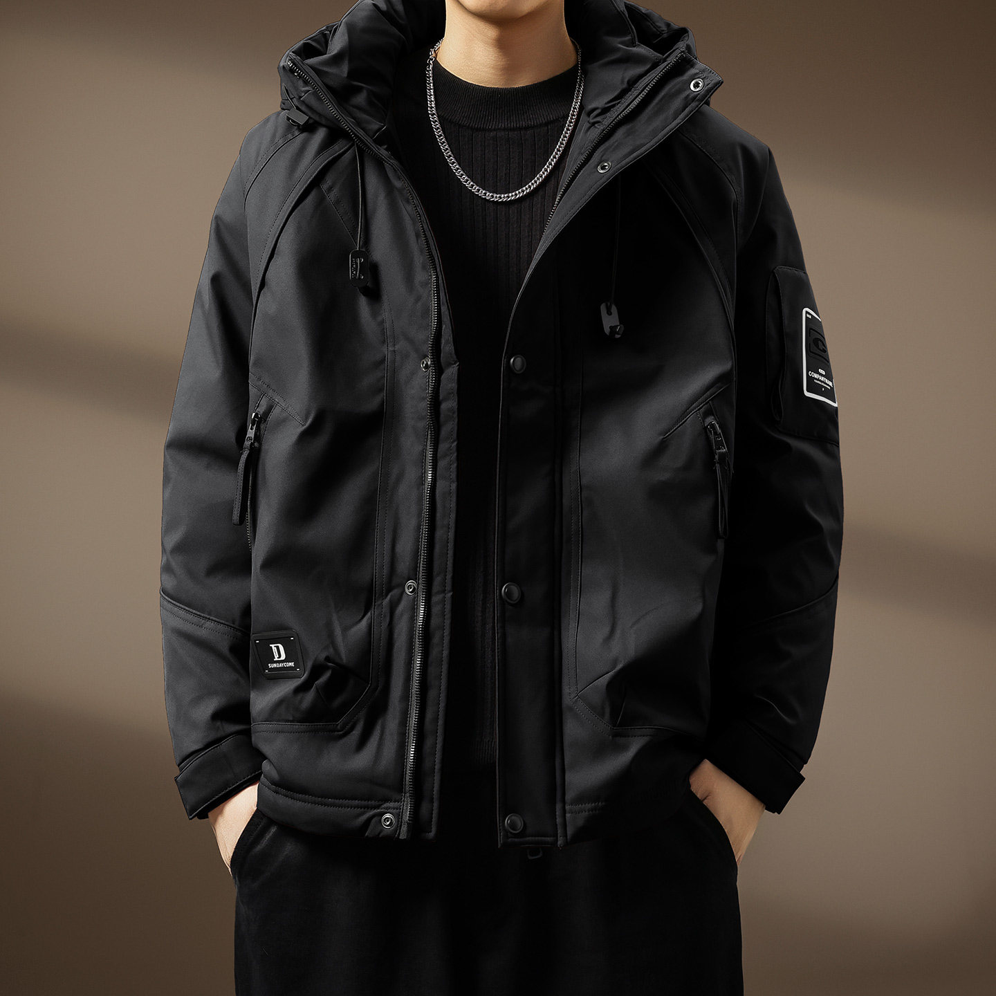 高端加厚保暖工装羽绒服男2025冬季新款休闲冲锋衣外套连帽防寒服