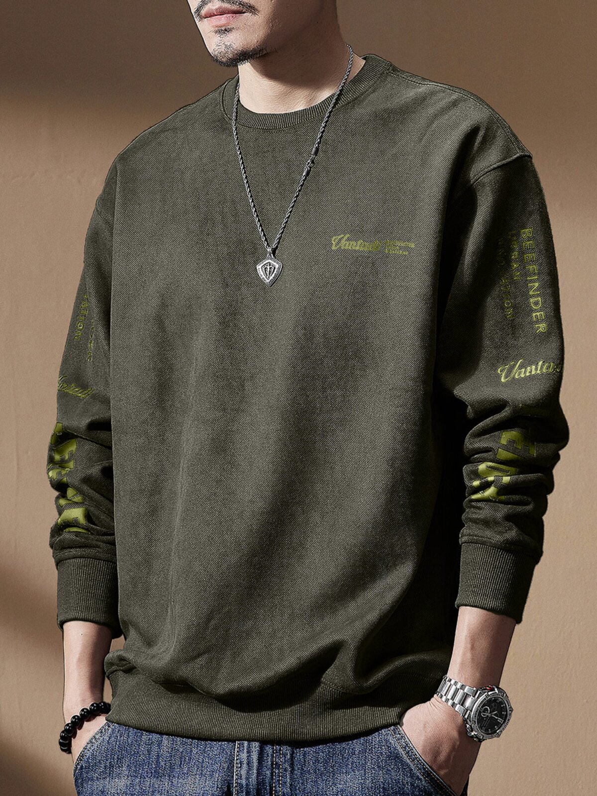 가을 남성용 하이 엔드 헤비급 380G 스웨이드 라운드 넥 스웨트 셔츠 플러스 벨벳 트렌디 브랜드 루즈 대형 미국 긴팔 남성 의류