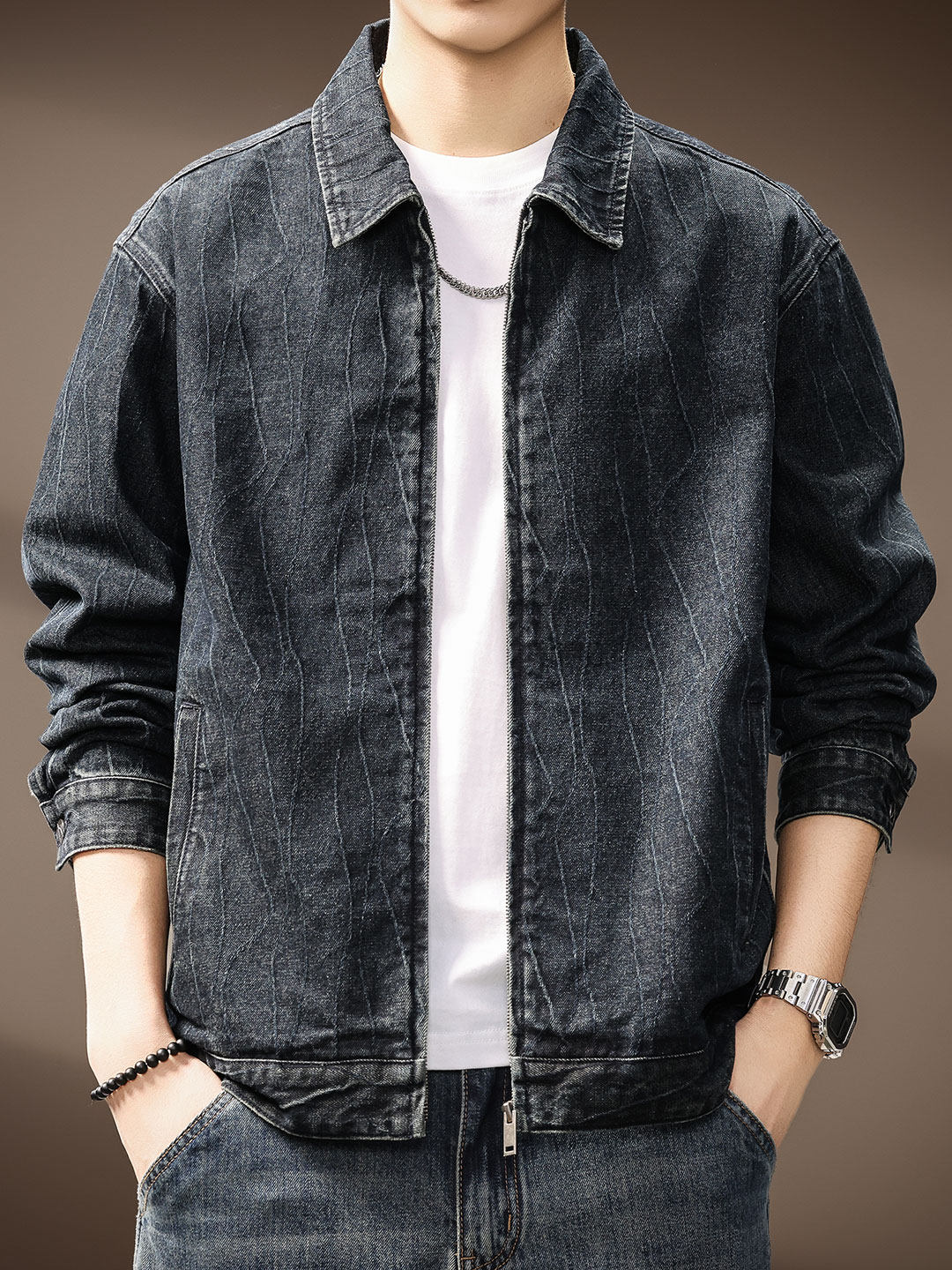 高定提花肌理潮牌牛仔外套男士2025秋季新款宽松美式覆古夹克男装,男装,夹克,淘宝优惠券,粉丝福利购,淘宝优惠卷
