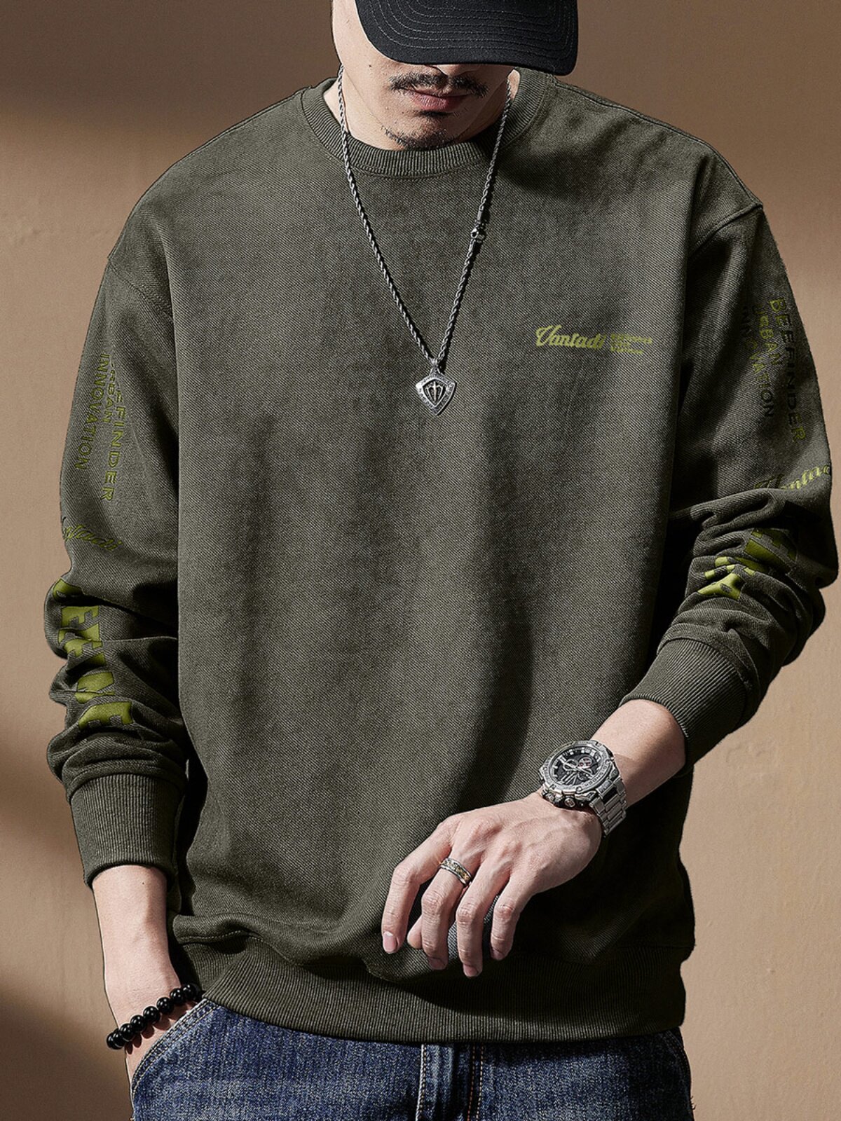 가을 남성용 하이 엔드 헤비급 380G 스웨이드 라운드 넥 스웨트 셔츠 플러스 벨벳 트렌디 브랜드 루즈 대형 미국 긴팔 남성 의류