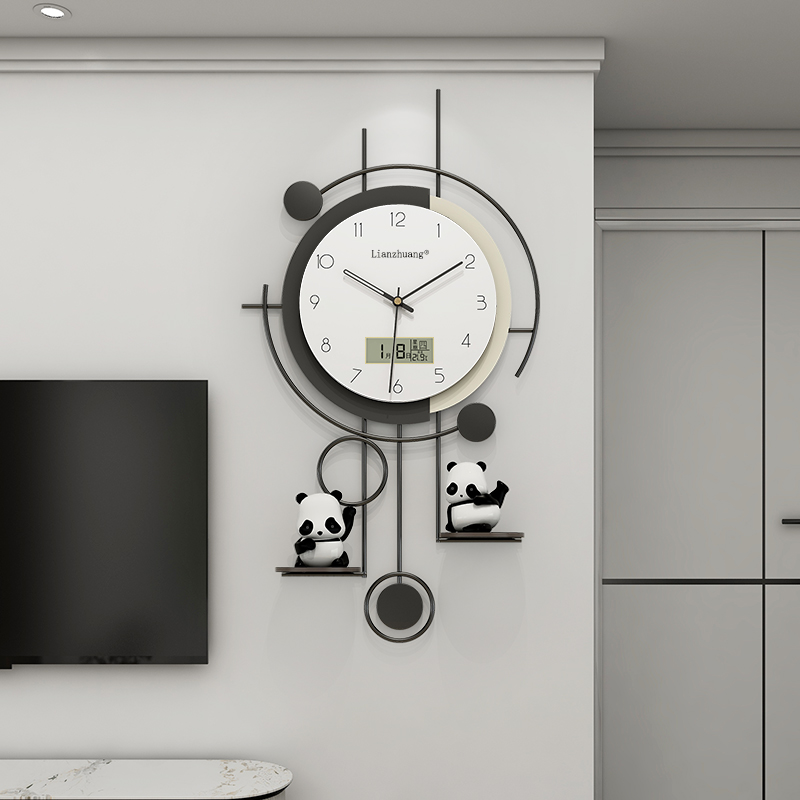 熊猫带日历钟表挂钟客厅2025新款
