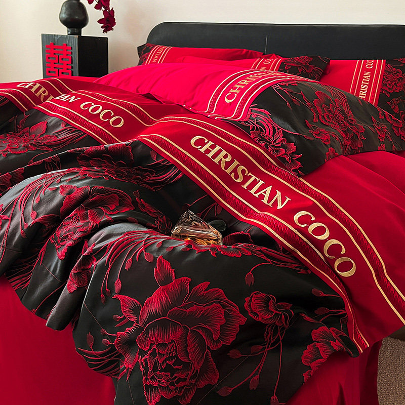 高级感提花结婚四件套大红色婚庆床单被套喜被新婚床婚嫁全棉纯棉,床上用品,婚庆床品套件,淘宝优惠券,粉丝福利购,淘宝优惠卷