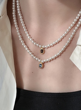 海蓝紫色吊坠施家珍珠项链毛衣链