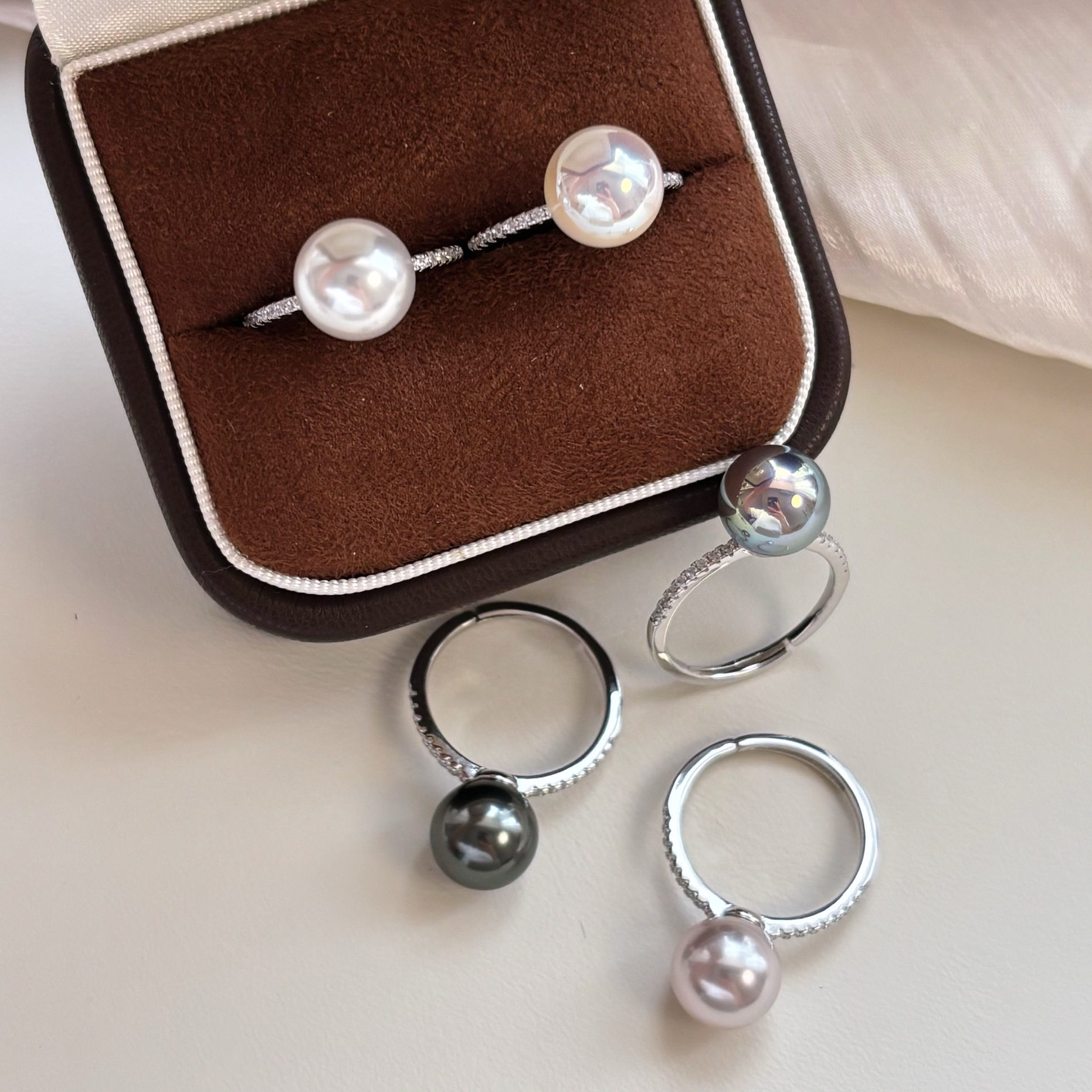 施家澳白单颗珍珠s925纯银戒指女