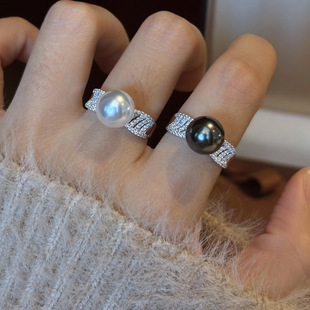 轻奢满钻精工厚银人造澳白大溪地黑珍珠戒指开口可调节叠戴食指戒