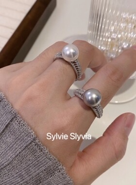 单颗银灰澳白珍珠戒指纯银可调节