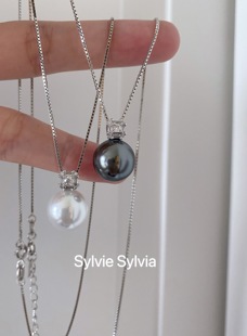 高级感轻奢人造大溪地黑珍珠吊坠戴妃项链纯银叠戴长款 毛衣链秋冬