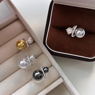 高级感人造澳白大溪地大小珍珠戒指s925纯银精致气质小众开口戒女