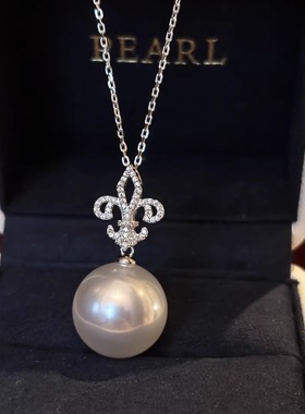 鸢尾花澳白珍珠吊坠项链毛衣链银