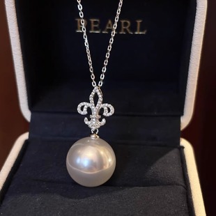 法式高级感鸢尾花人造澳白14/16mm大点位珍珠吊坠项链毛衣链纯银