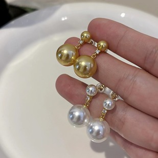 施家正圆强光澳白色s925纯银精致气质法式 小香风大小珍珠耳钉耳环