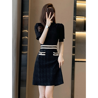 6823法式小香风珍珠扣冰丝针织连衣裙夏季新款气质名媛显瘦小黑裙