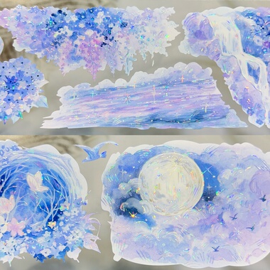 喵啪叽分装手账胶带幽林深处夜色欲浓四时青阳海芋恋花朵背景小草