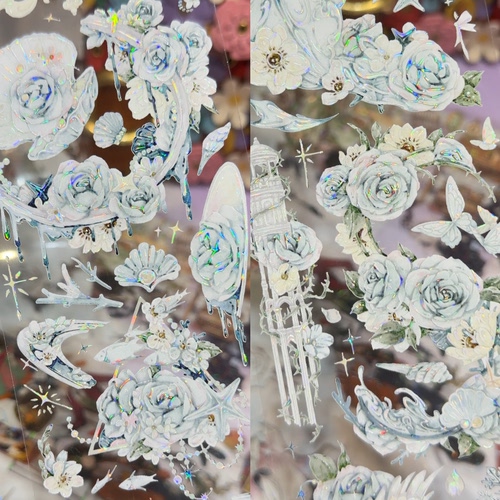 巫女分装手账胶带温庭叙晚浅蓝玫瑰花流麻咕卡贝壳光背景造景