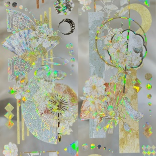 Wines分装 胶带画扇载月沉夜扇语贝壳光古风背景窗扇子咕卡流麻