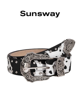 SUNSWAY复古风奶牛纹腰带男女通用雕花扣头小众设计潮流百搭皮带
