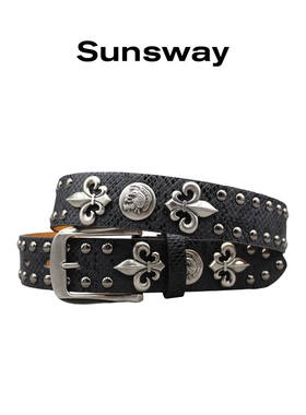 SUNSWAY骷髅朋克风铆钉皮带男女复古十字个性百搭金属扣黑色腰带