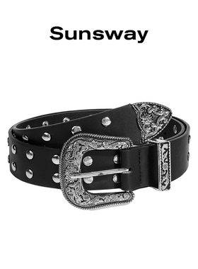 SUNSWAY复古风铆钉装饰皮带男女百搭重工金属扣雕花潮流黑色腰带