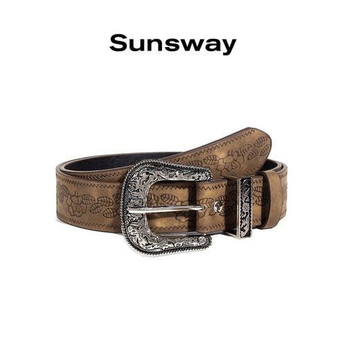 SUNSWAY美式复古棕色雕花皮带