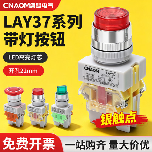 带灯按钮开关LAY37-11DNZS(PBCY090)自复位自锁220V一开一闭 22MM